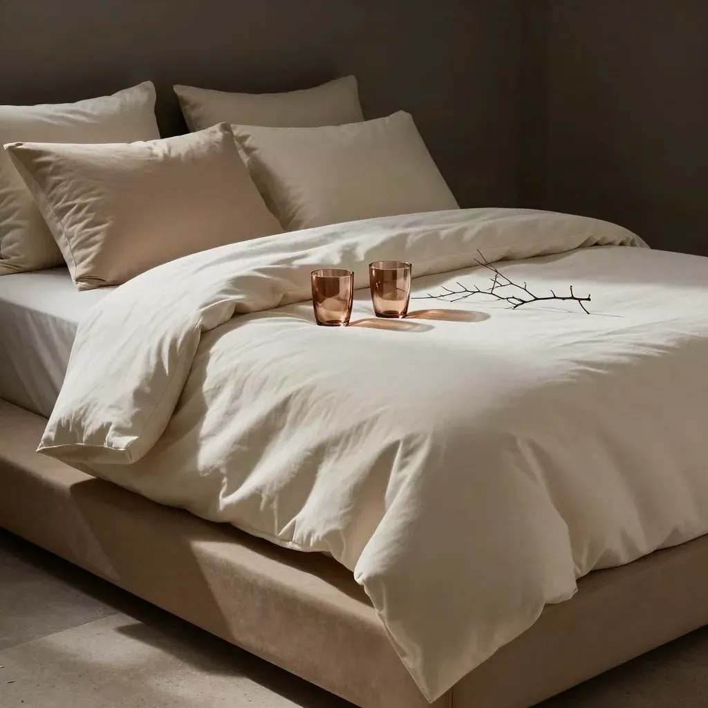 Letto di suite romantica con lenzuola piegate, due cuscini, bicchieri e ramo secco su toni caldi.
