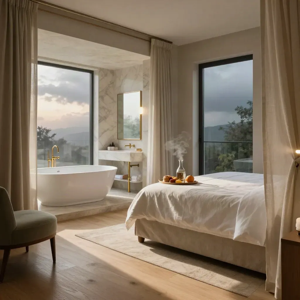 Suite deluxe luminosa con letto king, bagno in marmo chiaro e vassoio colazione elegante.