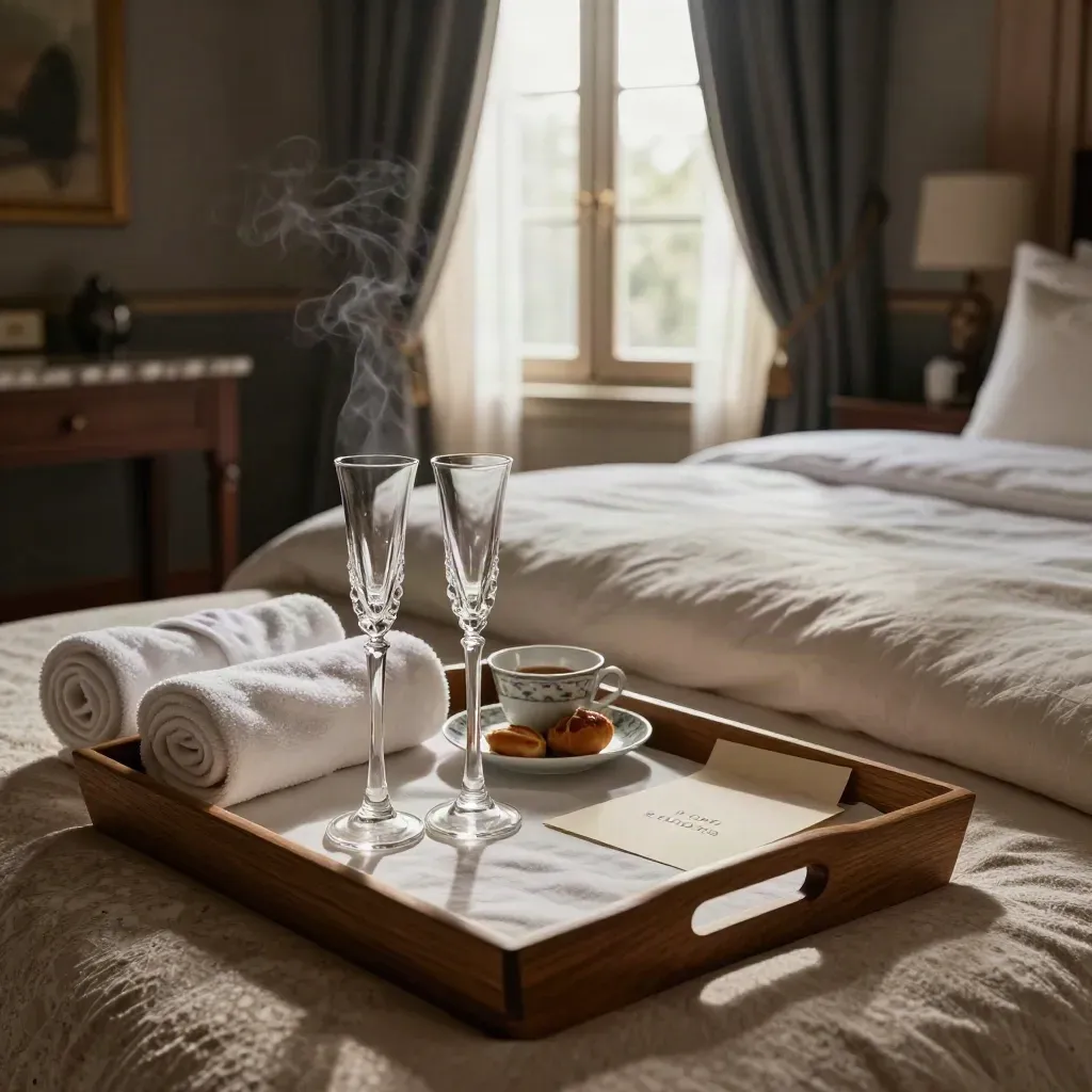 Suite romantica con flûte, colazione gourmet, accappatoi arrotolati e tende mosse dal vento.