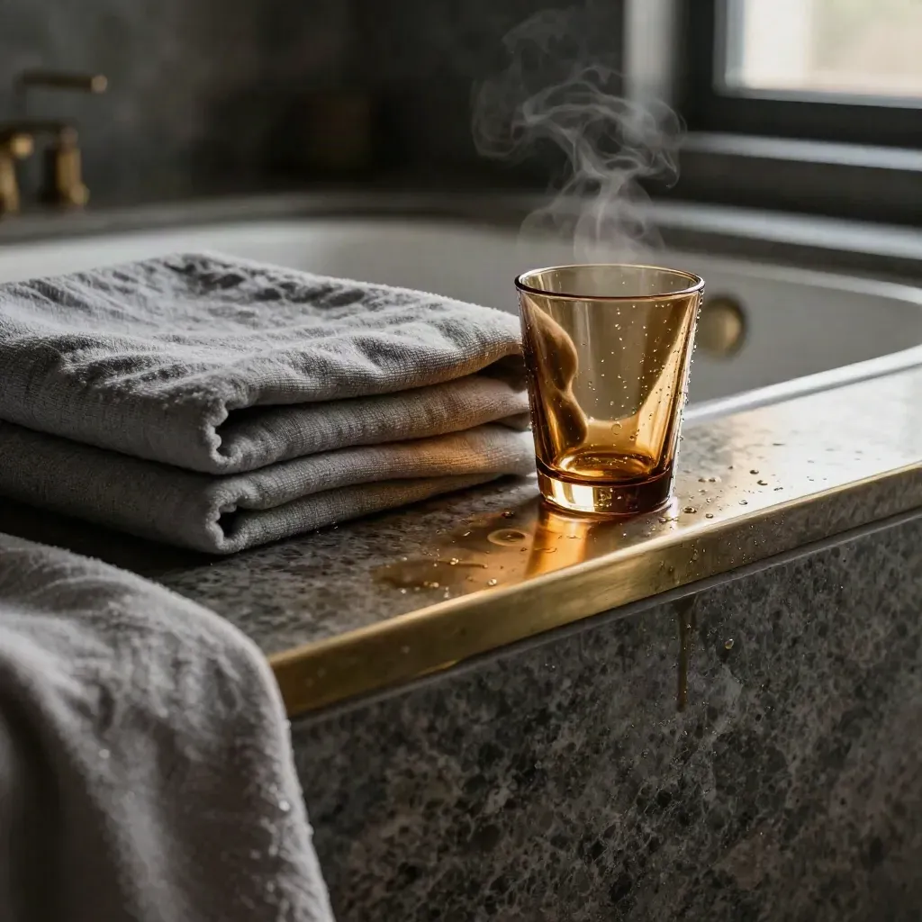 Dettaglio della spa in suite con travertino, lino, vetro ambrato e ottone satinato.