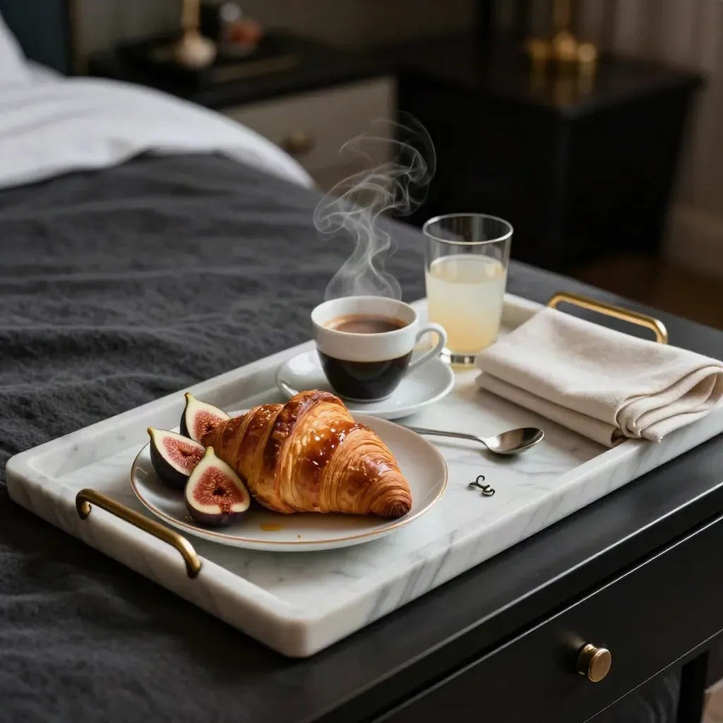 Vassoio gourmet con croissant, fichi ed espresso fumante su un letto d’hotel