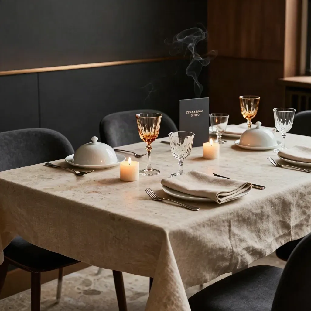 Tavola privata elegante con candele, calici sottili e piatti coperti in luce calda