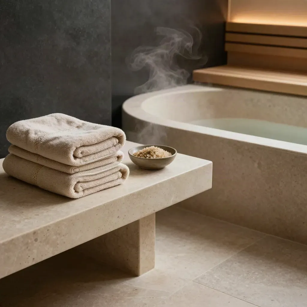 Spa privata con vasca in pietra, asciugamani impilati, erbe, sale e vapore soffuso