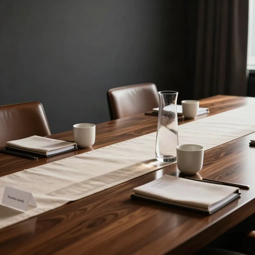 Tavolo meeting di lusso pronto per una riunione, con sedie in pelle e caraffa d’acqua.
