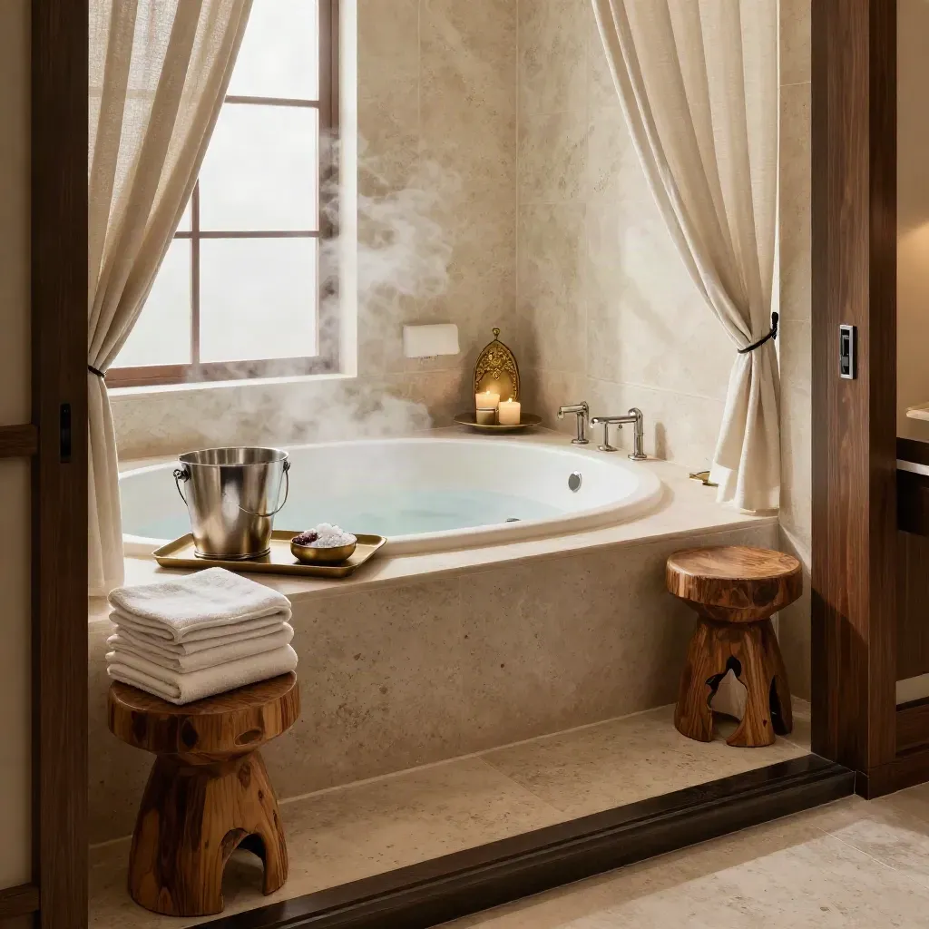 Suite spa con vasca calda, champagne, asciugamani e drappeggio aperto in atmosfera dorata.