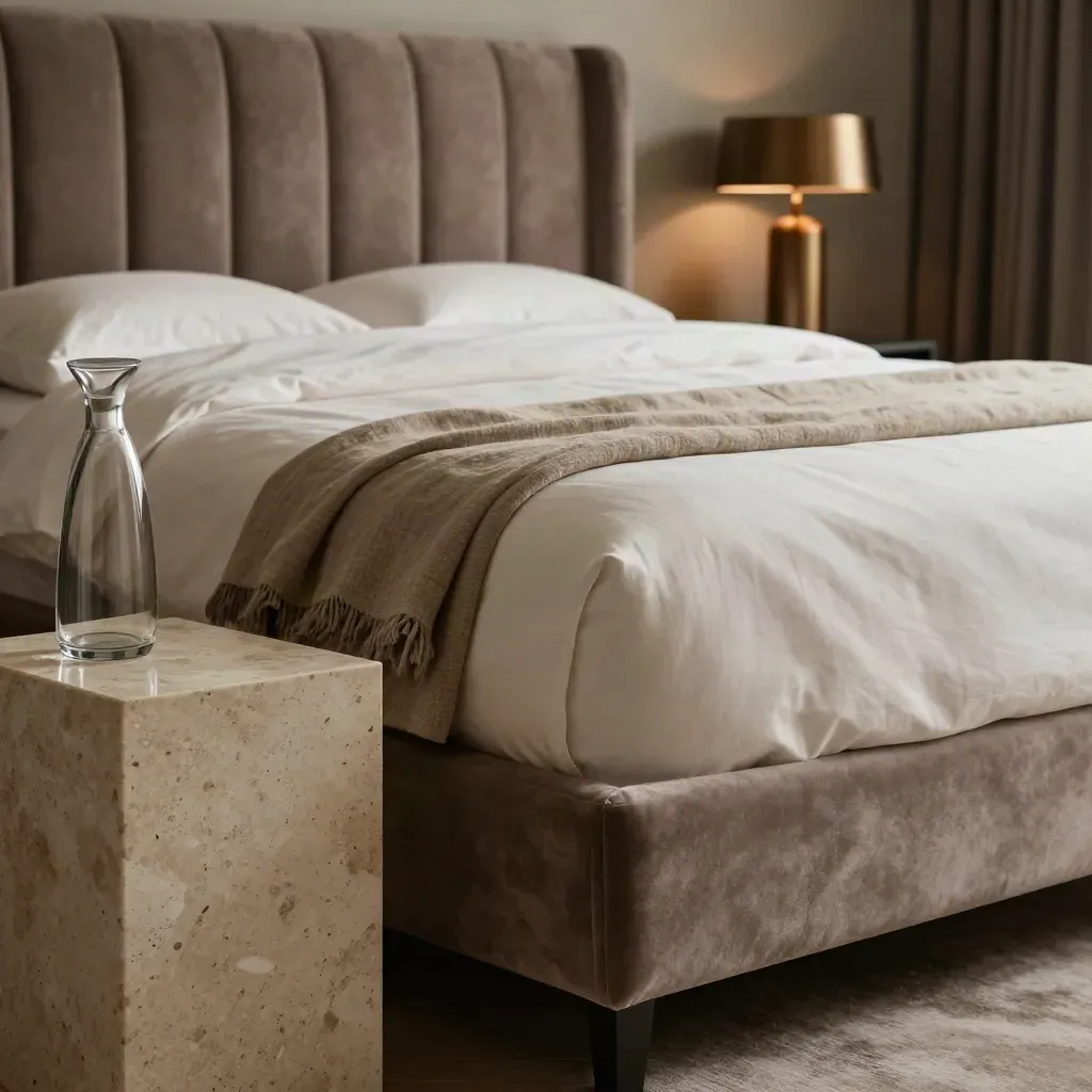 Letto deluxe in velluto tortora, travertino e bronzo con lino piegato, luce soffusa.