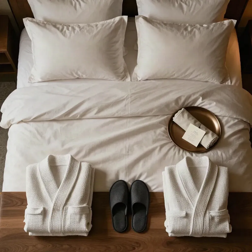 Letto romantico d’hotel con lenzuola morbide, due cuscini, accappatoi e ciabatte.