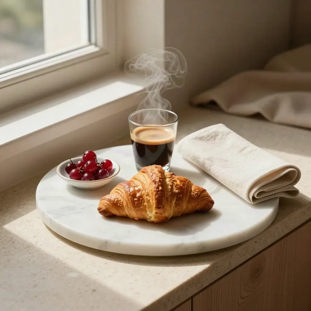 Colazione in suite su vassoio di marmo con croissant, frutti rossi, espresso e lino.