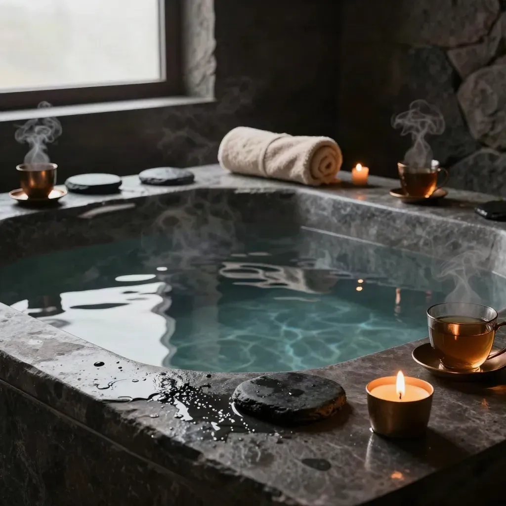 Spa privata serale con vasca calda, candele basse, asciugamani e tazze fumanti.