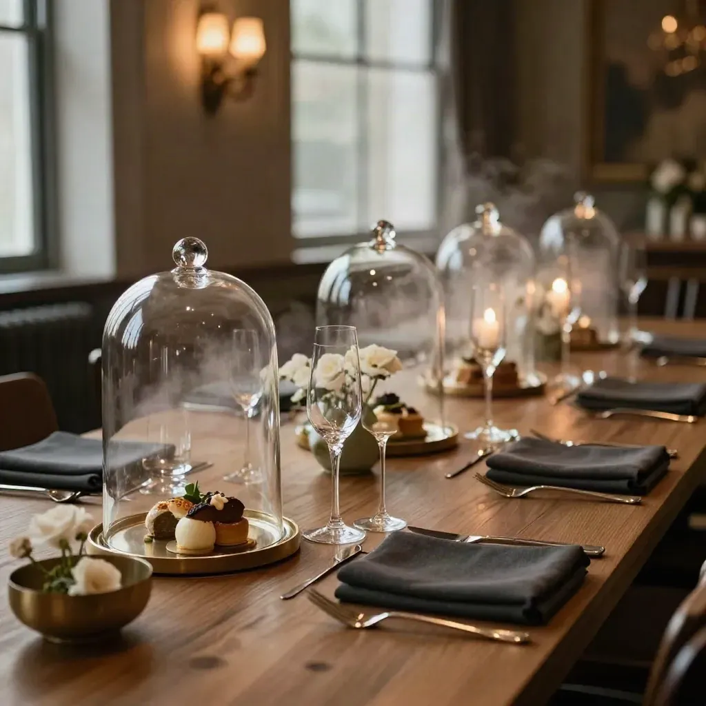 Tavola per cena degustazione privata con cloche, calici sottili, fiori neutri e lino scuro