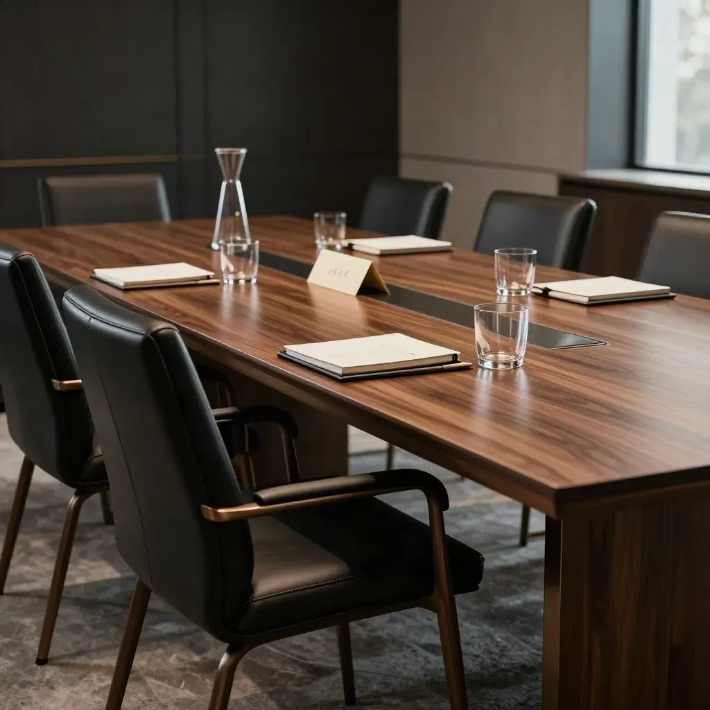 Sala riunioni elegante con tavolo lucido, sedie in pelle, caraffa, caffè e quaderni chiusi