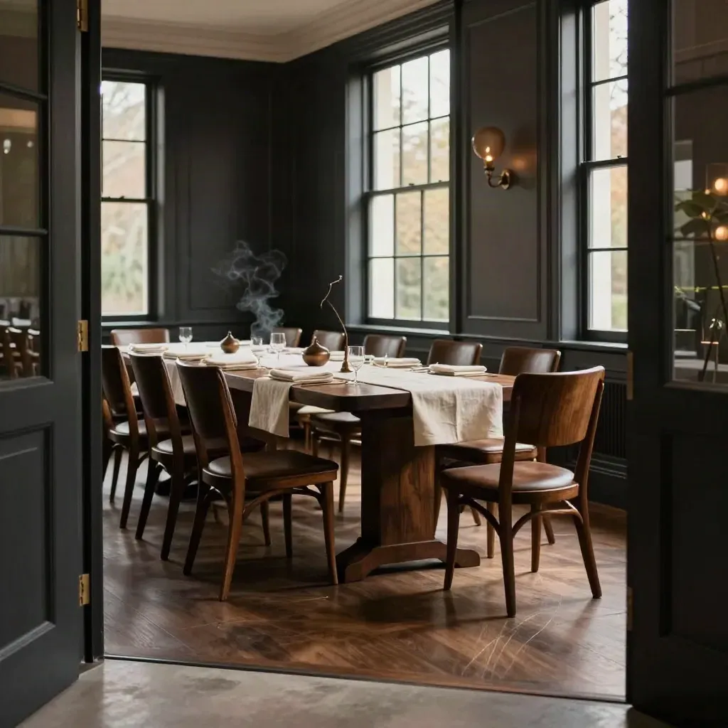 Sala privata elegante con tavolo lungo, boiserie scura e luce serale calda