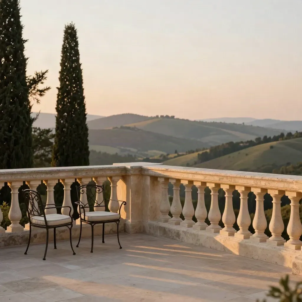 Terrazza di villa al tramonto con cipressi, sedie vuote e colline dorate